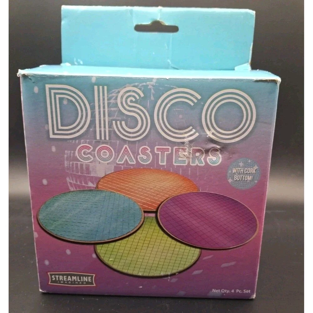 Set Of 4 Disco Coasters Different Colors For Drinks/Beverages W/ Cork Bottoms